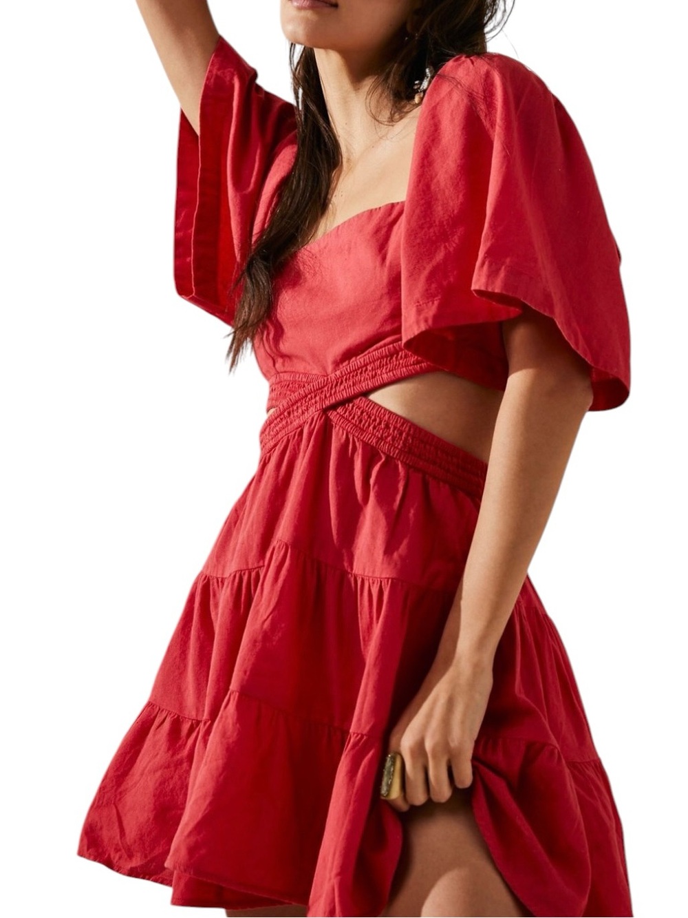 Free People | Cross of Sunlight Linen Blend Mini Dress with Pockets Red | Small
